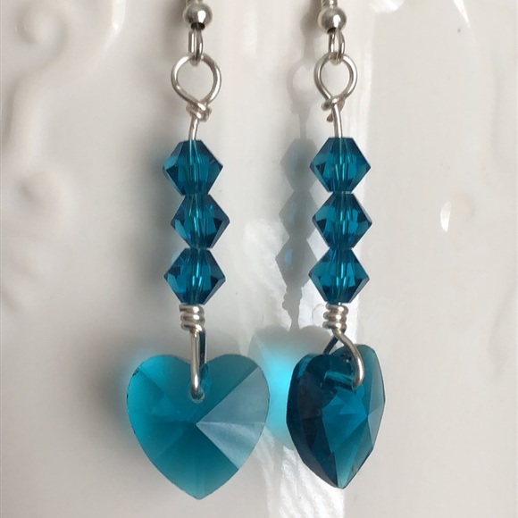 New Sparkling Crystal Glass Dangling Drop Teal Blue Heart Handmade Gift Earrings - Picture 2 of 5